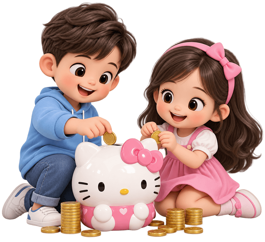 Dua anak memasukkan koin ke celengan
